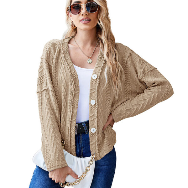 Ladies Sweet Jacquard Fabric V Neck Long Sleeve Short Sweater Jacket - Image 4