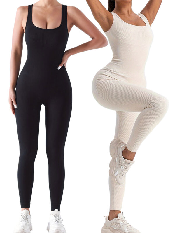 2 Pack Women's Ribbed Solid Color One-Piece Jumpsuit, Form-Fitting Sensual Activewear, Classic Sleeveless Full-Length Pants For Sport Casual Wear - Image 9