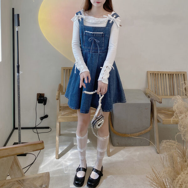 Fashion Ladies Lace Denim Strap Dress