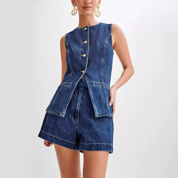 Fashion Denim Suit Summer Casual Sleeveless Button Vest Top And High Waist Shorts Set For Womens Clothing - Image 5