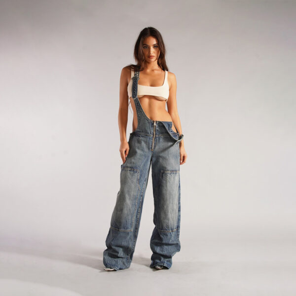 Y2K Zipper Denim Overalls With Pockets Fashion Loose Suspender Jumpsuit Streetwear Jeans Pants Womens Clothing - Image 6