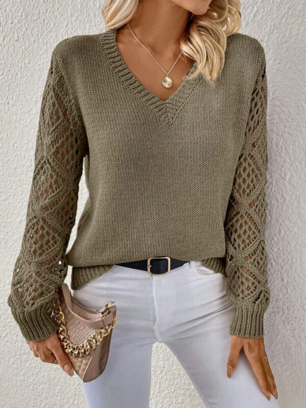 Solid V-neck Pullover Sweater With Hollow Long Sleeve Fashion Tops For Women Clothing - Image 8