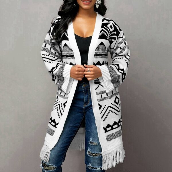 Ladies Tassel Hem Jacquard Cardigan Sweater - Image 3