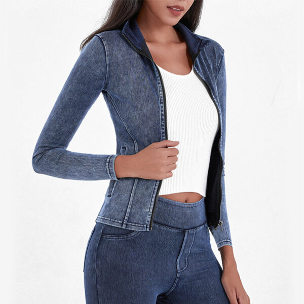 Slim Zippered Yoga Denim Jacket With Pockets High Collar Sports Fitness Outerwear Tops Coat For Women Clothing - Image 6