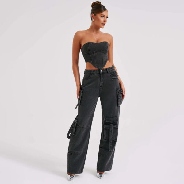 2Pcs Denim Suits Summer Sexy Backless Tube Top And Multi-pocket Straight Trousers Fashion Long Pants Suit Womens Clothing - Image 7