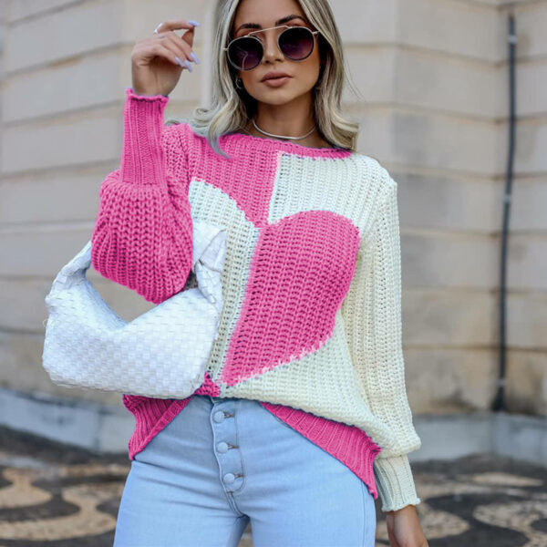 Ladies Elegant Flare Sleeve Love Contrast Color Knitted Sweater - Image 2