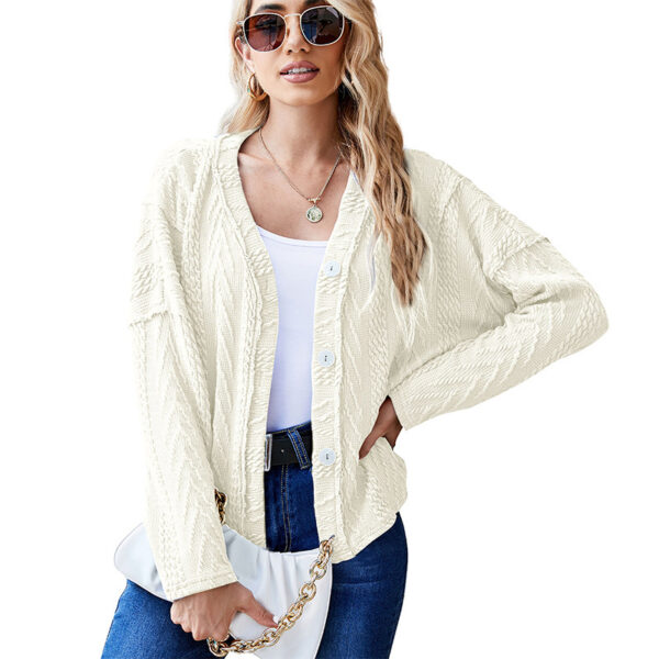 Ladies Sweet Jacquard Fabric V Neck Long Sleeve Short Sweater Jacket - Image 2