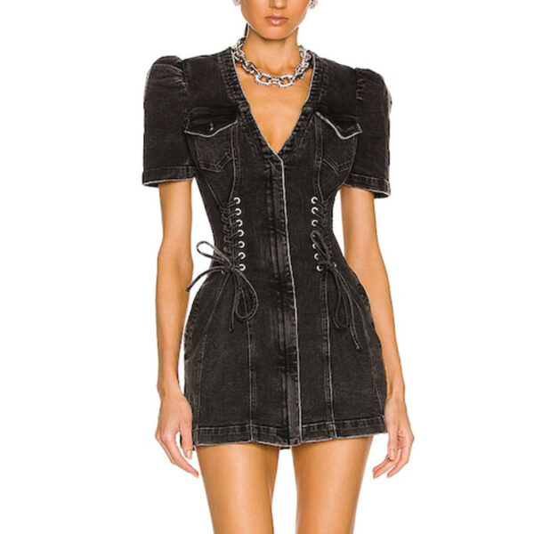 Ladies Fashion A-Line Short Denim Dress - Image 3