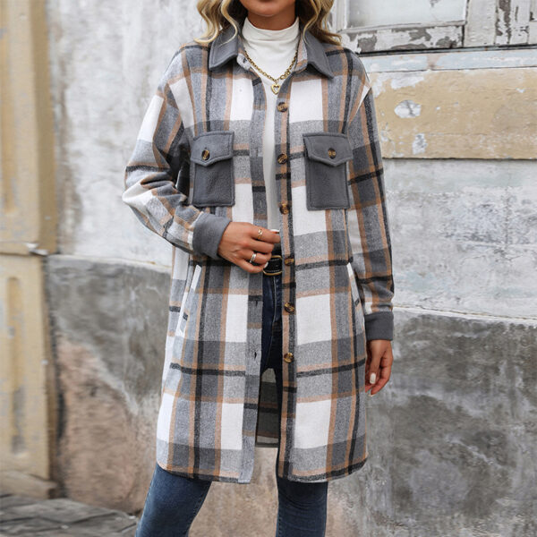 New Brushed Plaid Long Coat With Pockets Fashion Winter Jacket Outwear Women's Clothing - Image 4