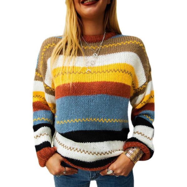 Ladies Color Stripe Stitching Round Neck Long-Sleeved Sweater - Image 5