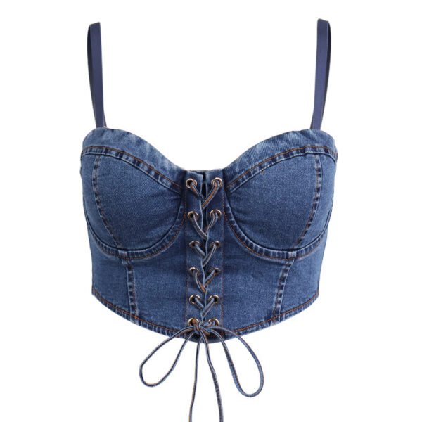 Ladies Sexy Cross-lace Denim Short Vest - Image 3