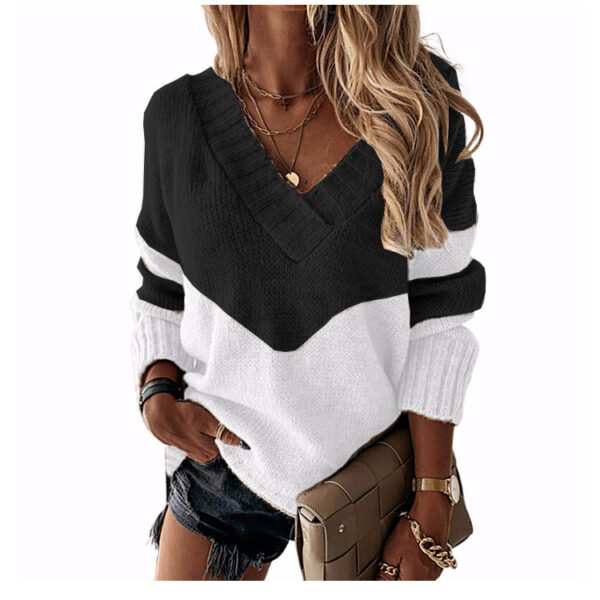 Women's V Neck Stitching Contrast Color Long Sleeved Sweater Ladies Top - Image 10