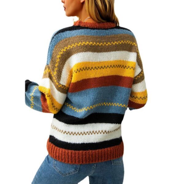 Ladies Color Stripe Stitching Round Neck Long-Sleeved Sweater - Image 2