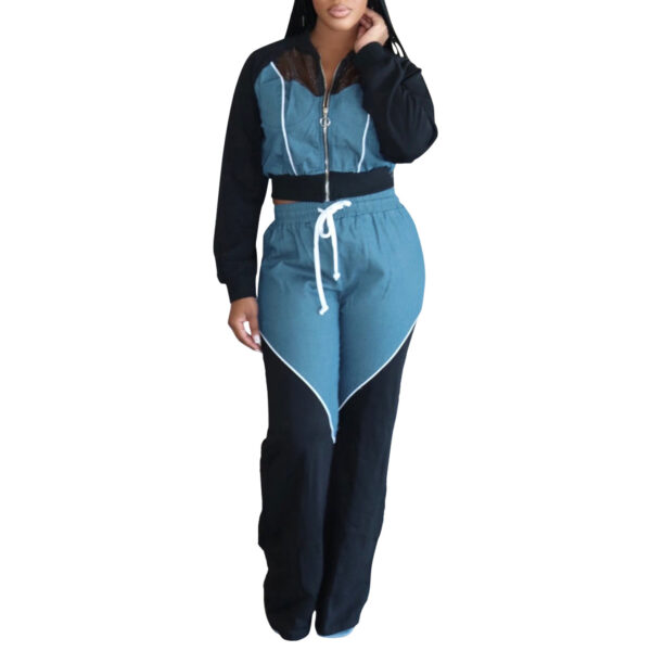 European And American Women's Clothing Denim Stitching Sports Sweater Suit - Image 5