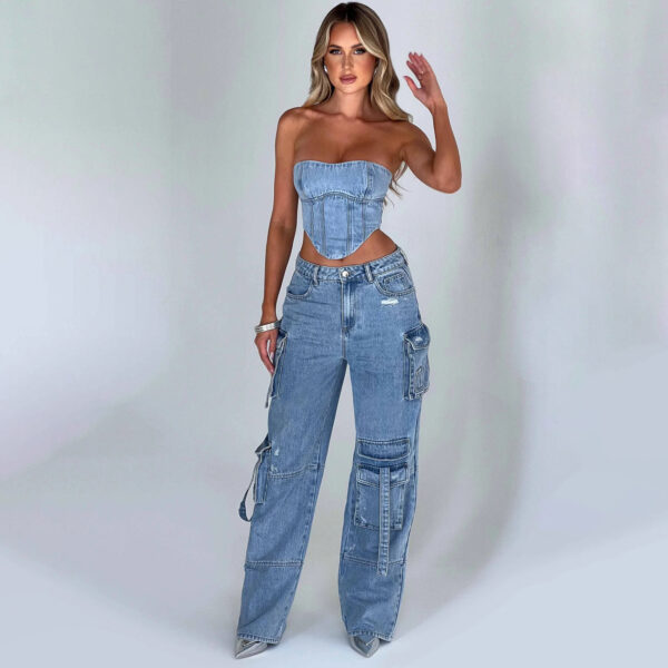 2Pcs Denim Suits Summer Sexy Backless Tube Top And Multi-pocket Straight Trousers Fashion Long Pants Suit Womens Clothing - Image 4