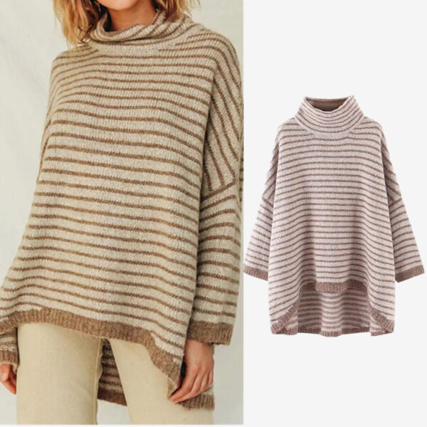 Ladies Striped Turtleneck Loose Bat Sleeve Sweater