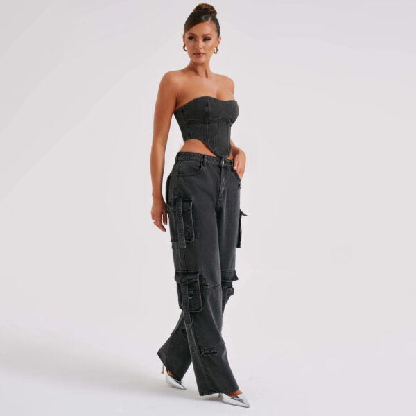 2Pcs Denim Suits Summer Sexy Backless Tube Top And Multi-pocket Straight Trousers Fashion Long Pants Suit Womens Clothing - Image 2