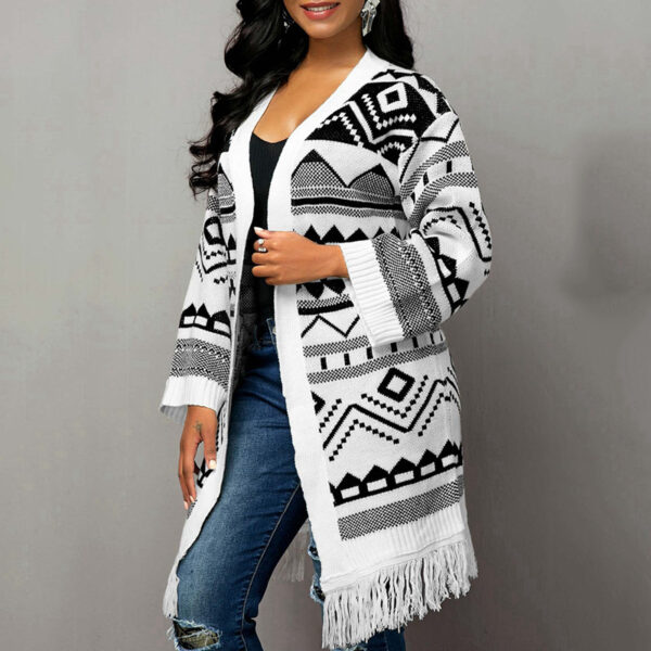 Ladies Tassel Hem Jacquard Cardigan Sweater - Image 4