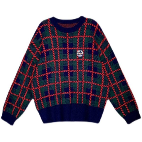 Retro Navy Blue Plaid Ladies Sweater - Image 6