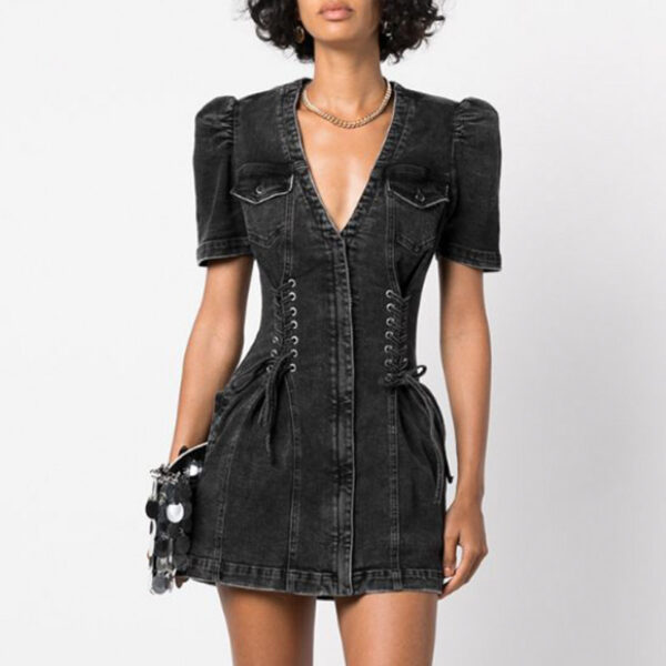 Ladies Fashion A-Line Short Denim Dress - Image 5